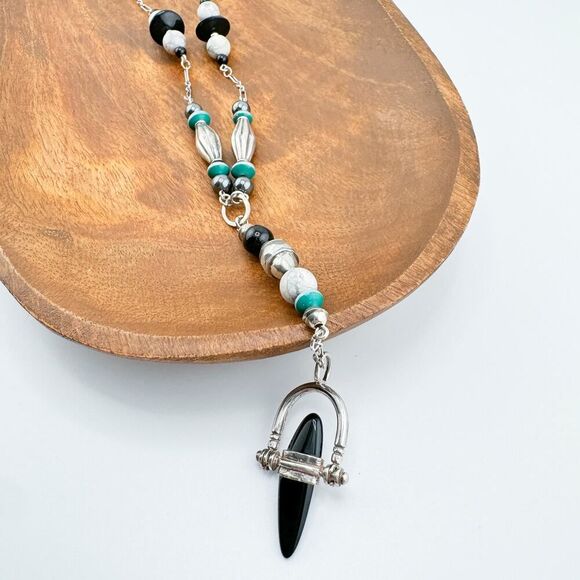 Turquoise Howlite Obsidian Silver Vintage Necklace Retro 80s Handmade Artisan - Picture 9 of 11